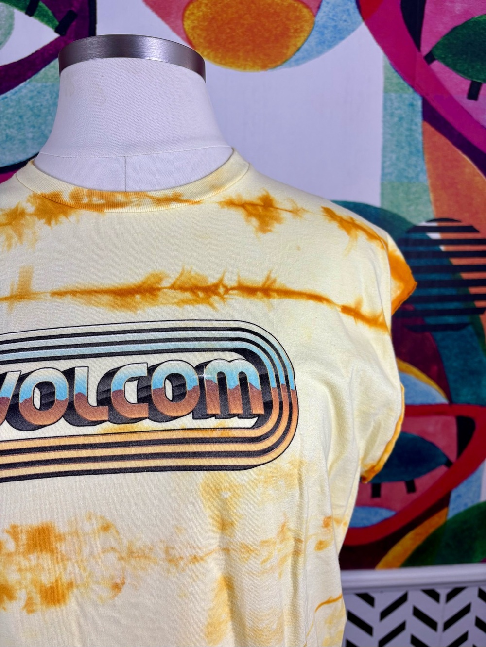 Volcom Yellow + Orange Tie-Dye Cropped Sleeveless Tee - Picture 2 of 4